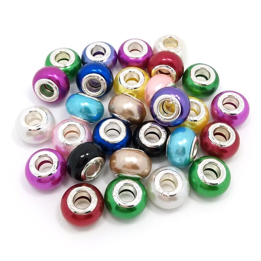 5292 Big Hole Beads 100pcs Round ABS Faux Pearl Beads Silver Color Core